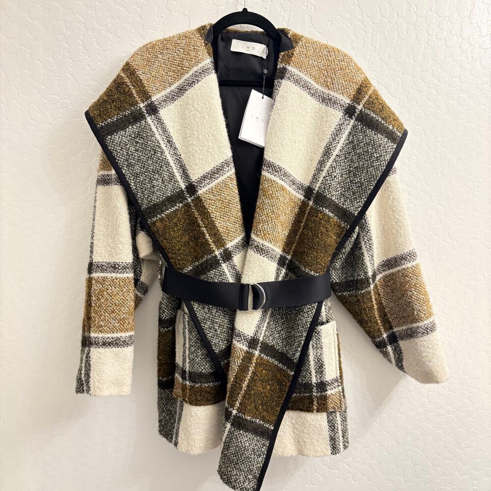 IRO Plaid Wool Blend Cape w/ Shawl Collar, Size 44 Parisian Winter Fall Alpaca
